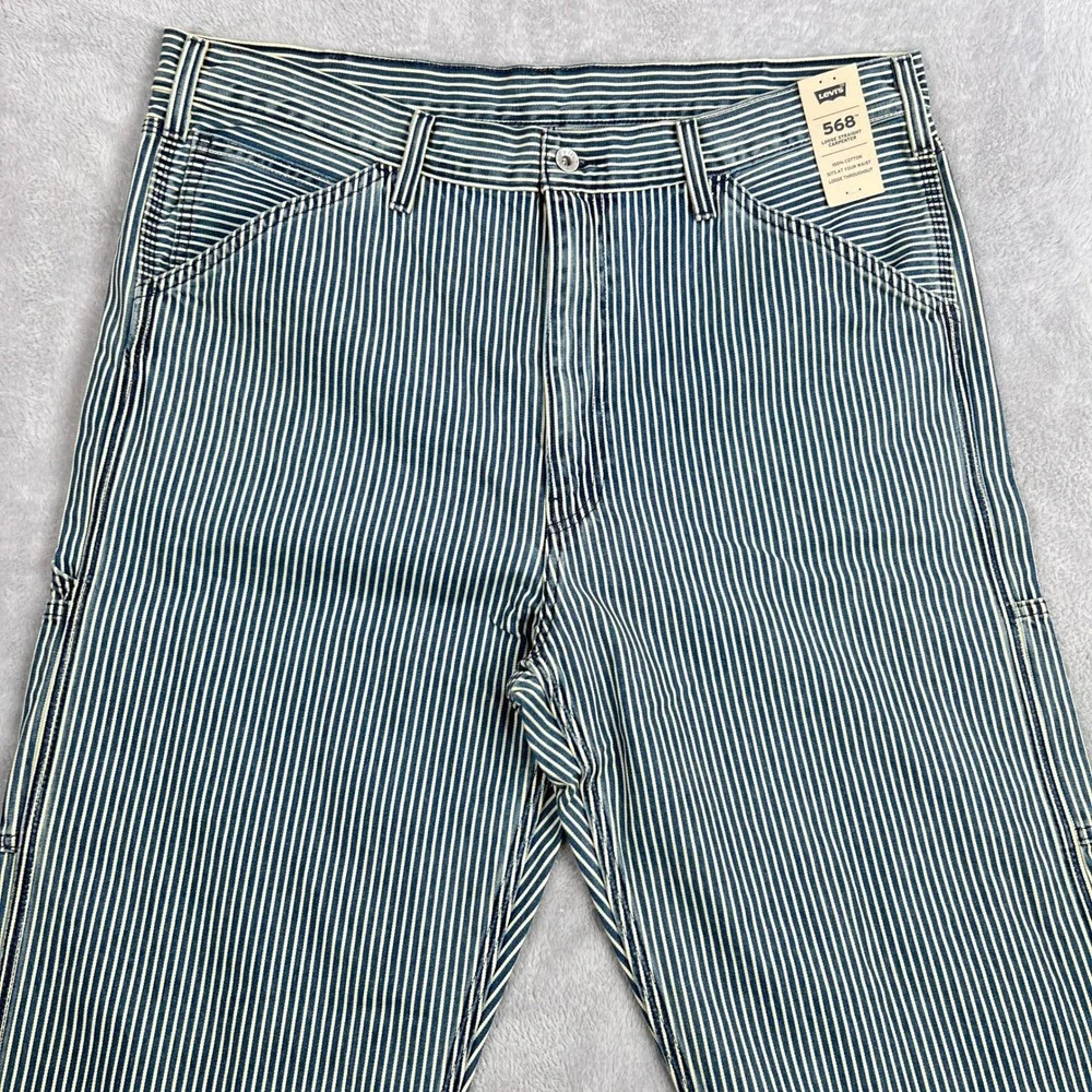Levi's 568 Hickory Stripe Carpenter Pants 38x32 Blue Loose Straight Workwear NWT